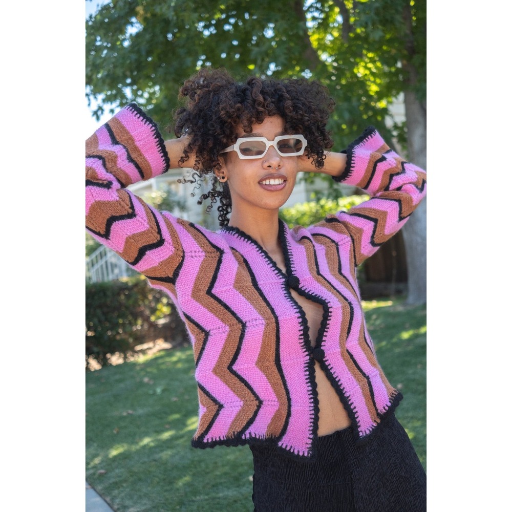 Tach Clothing Merino Wool Crochet Cardigan Pink Brown Zigzag Chevron XS